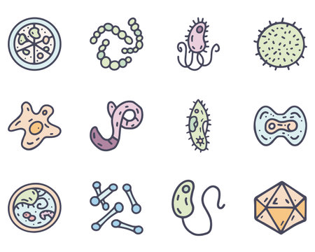 Bacteria and viruses color vector doodle simple icon setのイラスト素材