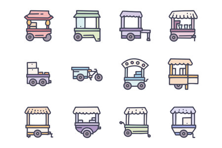 Street food carts color vector doodle simple icon setのイラスト素材