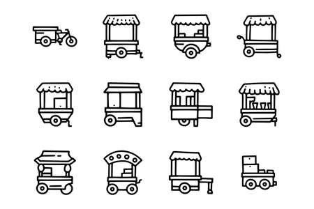 Food trade cart line vector doodle simple icon setのイラスト素材