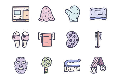 Bath accessories color vector doodle simple icon setのイラスト素材