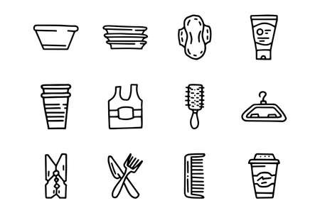 Plastic goods line vector doodle simple icon setのイラスト素材