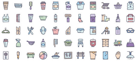 Plastic items color vector doodle simple icon setのイラスト素材