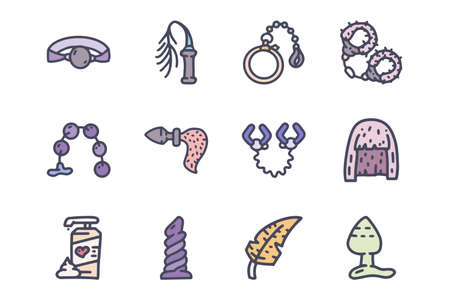 Sex toys color vector doodle simple icon setのイラスト素材