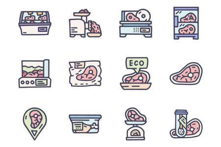 Butcher shop color vector doodle simple icon setのイラスト素材