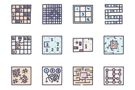 Puzzle games color vector doodle simple icon setのイラスト素材