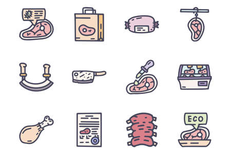 Butcher shop color vector doodle simple icon setのイラスト素材