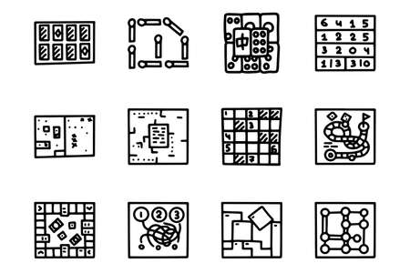 Outline puzzles black line vector doodle icon set for web design and presentation isolated on backgroundのイラスト素材
