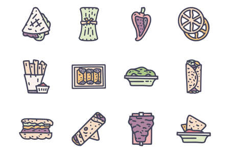 Mexican food color vector doodle simple icon setのイラスト素材