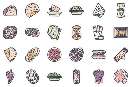Mexican food color vector doodle simple icon setのイラスト素材