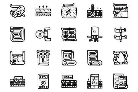 Underfloor heating system line vector doodle simple icon setのイラスト素材