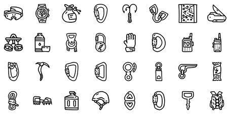 Mountaineering equipment line vector doodle simple icon setのイラスト素材