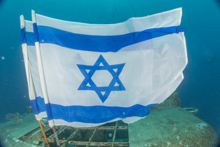 Israel flag on a Boat wreck in the Red Sea. Israel,の写真素材