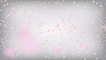 Nice Sakura Blossom Isolated Vector. Feminine Flying 3d Petals Wedding Pattern. Japanese Gradient Flowers Illustration. Valentine, Mother's Day Beautiful Nice Sakura Blossom Isolated on Whiteのイラスト素材
