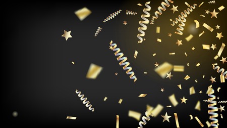 Modern Luxury Confetti, Isolated Stars, Tinsel Falling. Cool Luxury Christmas, New Year, Birthday Party Holiday Pattern. Horizontal Magic Streamers Background. Luxury Confetti, Isolated Goldのイラスト素材