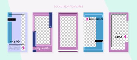 Social Media Stories SMM Template. Funky App Kit, Purple Pink Blue Fashion Geometric Cover Patterns. Cards Vector Set. Graphic Brand Design Pack.  Social Media Stories Collectionのイラスト素材