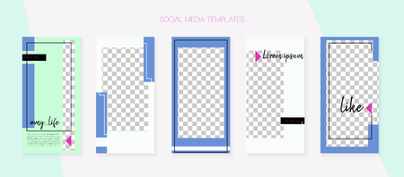Social Media Stories SMM Template. Blogger Design Vector Set. Graphic Advert Design Pack. Simple App Kit, Blie White Grey Abstract Geometric Cover Patterns. Social Media Stories Templatesのイラスト素材