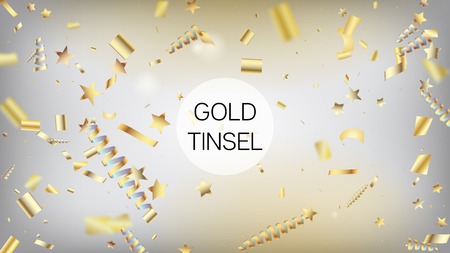 Modern Gold Confetti, Falling Stars, Streamers, Tinsel. Horizontal Magic Glitter Background. Cool Luxury Christmas, New Year, Birthday Party Holiday Pattern. Gold Confetti, Falling Down Stars.のイラスト素材