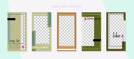 Social Media Stories SMM Template. Hipster App Kit, Brown Grey Transparent Elegant Geometric Cover Patterns. Invitation Phone Design Pack. Blogger Frame Vector Set. Social Media Stories Templatesのイラスト素材
