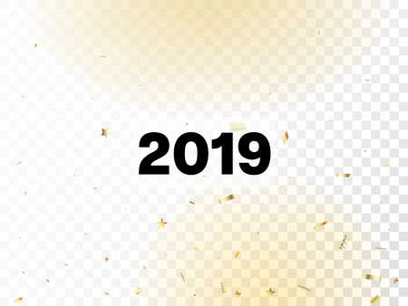 2019 Christmas Tinsel Confetti, Falling New Year Gold. Cool Elegant Christmas, New Year, Birthday Party Holiday Banner. Horizontal Lights Particles Background. Gold Christmas Tinsel Confettiのイラスト素材