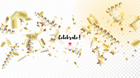 Modern Tinsel Confetti Isolated, Golden Celebration Foil. Cool Glamour Christmas, New Year, Birthday Party Holiday Texture. Horizontal Stars Explosion Background. Golden Tinsel Confetti Isolatedのイラスト素材