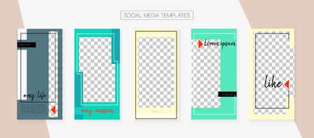 Social Media Stories SMM Template. Graphic Mobile Design Pack. Funky App Kit, Green Grey Blue Polygon Geometric Cover Patterns.  Design Vector Set. Social Media Stories Templatesのイラスト素材