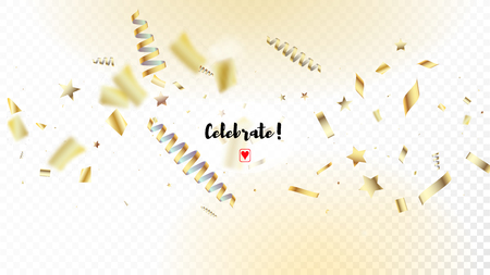 Modern Gold Confetti, Falling Stars, Streamers, Tinsel. Horizontal Shiny Particles Background. Cool Platinum Christmas, New Year, Birthday Party Holiday Frame. Gold Confetti, Falling Down Stars.のイラスト素材