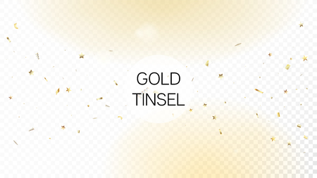 Modern New Year Confetti Realistic Falling Golden Tinsel.  Horizontal Bright Glitter Background. Cool Premium Christmas, New Year, Birthday Party Holiday Scatter. New Year Confetti Golden Tinselのイラスト素材