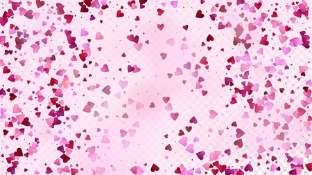 Red, Pink Hearts Vector Confetti. Valentines Day Romantic Pattern. Beautiful Pink Frame Valentines Day Decoration with Falling Down Hearts Confetti. Luxury Gift, Birthday Card, Poster Backgroundのイラスト素材