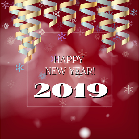 2019 New Year, Christmas Vector Card on Red with Snow. Snowflakes Sparkle Gold Abstract Square  Minimal Celebration Frame. Holiday Streamers Foil Deco. 2019 New Year Christmas Grunge Red Cardのイラスト素材