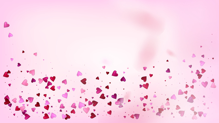 Red, Pink Hearts Vector Confetti. Valentines Day Romantic Pattern. Beautiful Pink Design Valentines Day Decoration with Falling Down Hearts Confetti. Rich VIP Gift, Birthday Card, Poster Backgroundのイラスト素材