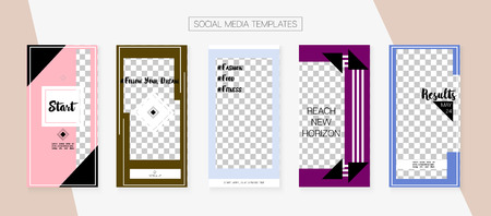 Social Media Stories SMM Template. Hipster App Kit, Purple Pink Blue Luxury Geometric Cover Patterns. Graphic Apps Design Pack.  Design Vector Set.  Social Media Stories Collectionのイラスト素材