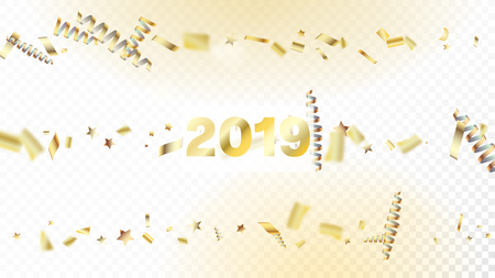 Modern New Year Confetti Realistic Falling Golden Tinsel.  Cool Elegant Christmas, New Year, Birthday Party Holiday Frame. Horizontal Dotted Explosion Background. New Year Confetti Golden Tinselのイラスト素材