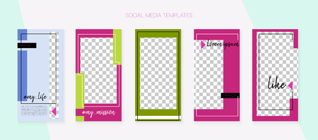 Social Media Stories SMM Template. Blogger Border Vector Set. Tech App Kit, Pink Purple Blue Grey Abstract Geometric Cover Patterns. Invitation Advert Design Pack. Social Media Stories Templatesのイラスト素材