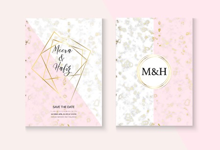 Rich VIP Marble Wedding Invitation Vector Set. RSVP, Thank You Card, Minimal Concept or Poster. Noble Soft Faded Nice Marbling Texture, Pink, Grey, White Invitation Card. Luxury Marble Wedding Kitのイラスト素材