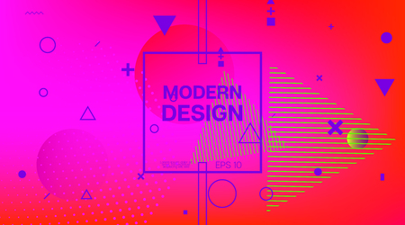 Memphis Minimal Cover Horizontal Vector Template. Neon Gradient Overlay, Small Space Particles Background. Geometric Memphis Design Elements, Music Poster. Abstract Retro Minimalist Corporate Designのイラスト素材