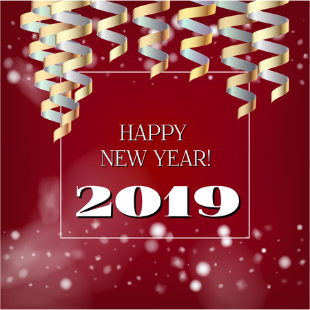 2019 New Year, Christmas Vector Card with Snow on Red. Snowflakes, Sparkles Gold Square Celebration Gift Voucher Background. Holiday Decoration Template. Cool 2019 New Year Christmas Card on Redのイラスト素材