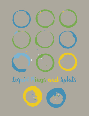Water Rings and Splats. Vector Vintage Coffee Shop  Element. Colorful Juice Splatter. Uneven Textured Stamp Frames, Cup, Mug Stains, Liquid Water Rings, Watercolor Splats. Turquoise, Orange Drops.のイラスト素材