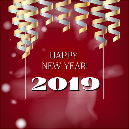2019 New Year, Christmas Vector Card on Red with Snow. Heavy Snowfall, Snowflakes Square Gift Voucher or Celebration Background. Party Streamers Decoration. 2019 New Year Christmas Grunge Red Cardのイラスト素材