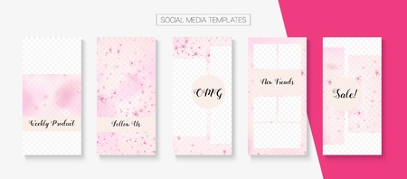Spa, Natural Cosmetics Stories Sale Vector Layout. Pink Sakura Blossom Flying Confetti. Special Offer New Arrivals, Discount Frames Kit. Social Media Stories Templates. Spa, Natural Cosmetics Saleのイラスト素材