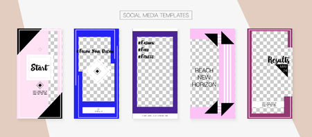 Social Media Stories SMM Template. Concept Vector Set. Simple App Kit, Purple Pink Blue Elegant Geometric Cover Patterns. Invitation Advert Design Pack.  Social Media Stories Collectionのイラスト素材