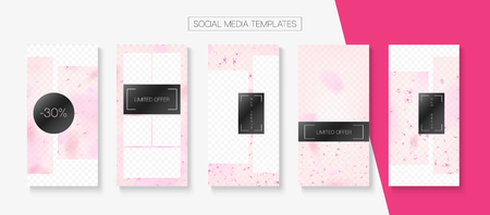 Spa, Natural Cosmetics Stories Sale Vector Layout. Stories Social Media Templates. Special Offer New Arrivals, Discount Covers Set. Pink Cherry Blossom Flying Confetti. Spa, Natural Cosmetics Saleのイラスト素材