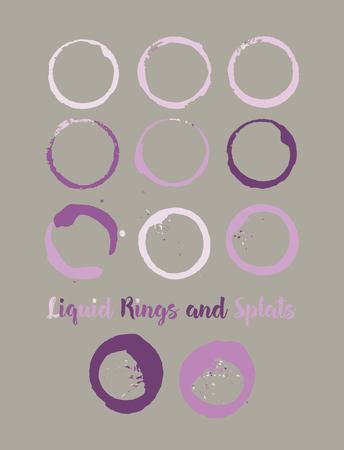 Coffee Shop Logo Element. Round Borders, Vintage Female Purple Frames. Vector Cup or Mug Stains and Marks. Cool Funky Graffiti Textured Banners, Buttons, Coffee Shop Logo or Ads Design, Stamp Element.のイラスト素材