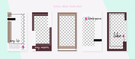Social Media Stories SMM Template. Graphic Mobile Design Pack. Funky App Kit, Brown Grey Transparent Polygon Geometric Cover Patterns. Blogger Concept Vector Set. Social Media Stories VIP Layoutのイラスト素材