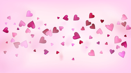 Flying Hearts Vector Confetti. Valentines Day Wedding Pattern. Beautiful Pink Border Valentines Day Decoration with Falling Down Hearts Confetti. Elegant Gift, Birthday Card, Poster Backgroundのイラスト素材