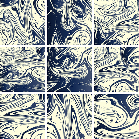 Marble Texture Set. Blue, Grey, Cream White Ink Wash Pattern. Japanese Suminagashi Painting. Asian Background. Acrylic Design, Marble Texture Background Set. Rich VIP Elegant Patternのイラスト素材