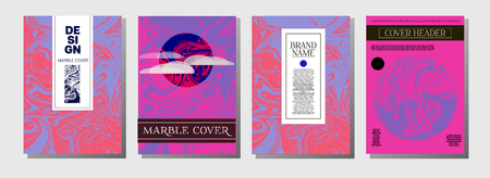 Minimal Cover Templates Set. Hipster Marble Pattern. Vivid Pink, Blue Turquoise Invitation Spring Background. Geometric VIP Luxury Minimal Cover Templates. Ebru Suminagashi Liquid Marble Textureのイラスト素材