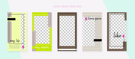 Social Media Stories SMM Template. Invitation Phone Design Pack.  Trendy App Kit, Green Brown White Blue Elegant Geometric Cover Patterns.  Social Media Stories Collectionのイラスト素材