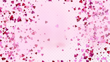 Red, Pink Hearts Vector Confetti. Valentines Day Tender Pattern. Beautiful Pink Frame Valentines Day Decoration with Falling Down Hearts Confetti. Trendy Gift, Birthday Card, Poster Backgroundのイラスト素材