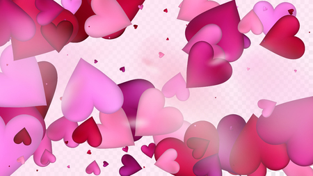 Red, Pink Hearts Vector Confetti. Valentines Day Tender Pattern. Beautiful Pink Frame Valentines Day Decoration with Falling Down Hearts Confetti. Luxury Gift, Birthday Card, Poster Backgroundのイラスト素材