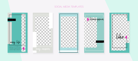 Social Media Stories SMM Template. Tech App Kit, Blie White Grey Elegant Geometric Cover Patterns. Border Vector Set. Invitation Apps Design Pack.  Social Media Stories Collectionのイラスト素材